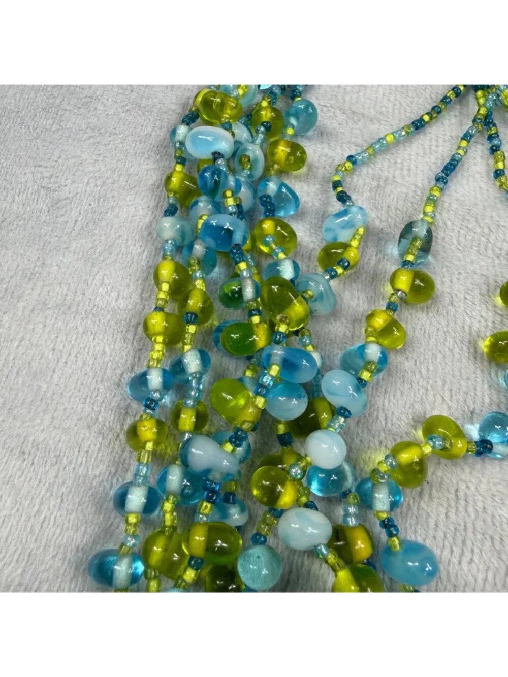 Multistrand Blue & Green Glass Beaded Necklace - Statement Piece Women Vintage